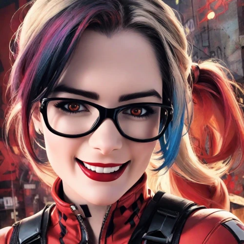 harley,harley quinn,custom portrait,edit icon,librarian,with glasses,superhero background,silphie,portrait background,cg artwork,nerd,lady medic,comic style,glasses,spectacles,phone icon,twitch icon,red super hero,piper,specs