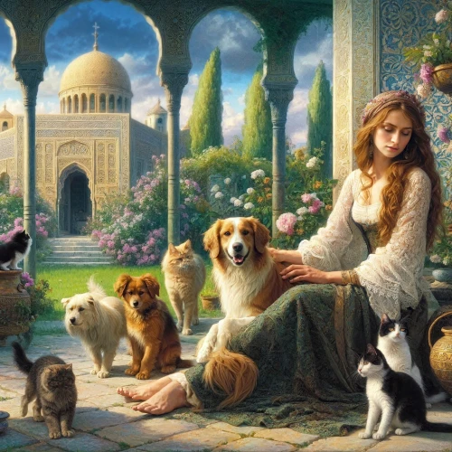 girl with dog,persian poet,fantasy picture,kennel club,iranian nowruz,emile vernon,persian norooz,english shepherd,secret garden of venus,children's fairy tale,cavapoo,cat lovers,king charles spaniel,ginger family,fantasy art,idyll,oil painting on canvas,persian,nowruz,fairy tale