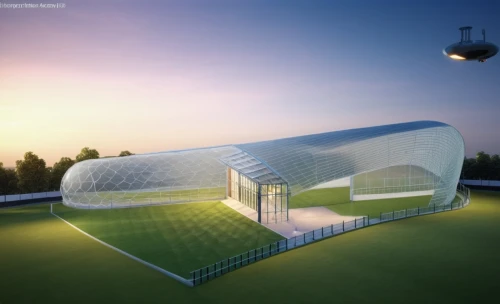 soccer-specific stadium,greenhouse cover,will free enclosure,football stadium,enclosure,paddle tennis,soccer field,sky space concept,greenhouse effect,solar cell base,football pitch,3d rendering,sport venue,greenhouse,futuristic architecture,real tennis,cubic house,water cube,school design,baseball stadium,Photography,General,Realistic