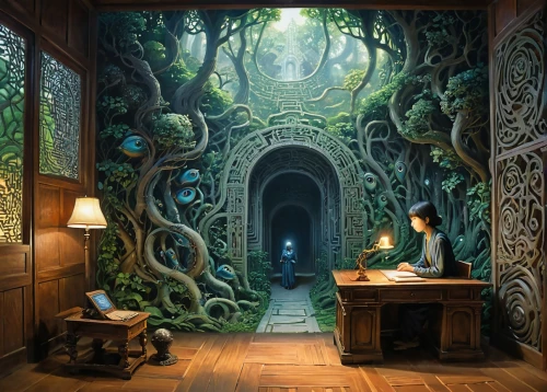 fantasy picture,fantasy art,enchanted forest,sci fiction illustration,apothecary,3d fantasy,the threshold of the house,witch's house,fantasy world,ornate room,the mystical path,dandelion hall,fairy tale,consulting room,magic book,divination,the little girl's room,enchanted,surrealism,a fairy tale,Illustration,Realistic Fantasy,Realistic Fantasy 08