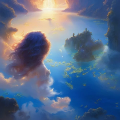 sea of clouds,merida,above the clouds,fantasy landscape,mermaid background,world digital painting,cloudscape,cloud mushroom,lion king,an island far away landscape,the lion king,cloud mountain,studio ghibli,fantasy picture,cloud mountains,dusk background,cloud shape frame,pillars of creation,little clouds,clouds,Illustration,Realistic Fantasy,Realistic Fantasy 01