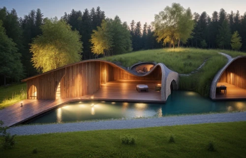 3d rendering,eco hotel,eco-construction,futuristic architecture,corten steel,cubic house,archidaily,pool house,floating huts,wood doghouse,inverted cottage,wooden sauna,timber house,log home,grass roof,render,wooden beams,cube stilt houses,summer house,modern architecture