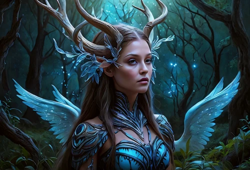 dryad,elven forest,fantasy portrait,elven,faerie,fantasy art,faun,blue enchantress,the enchantress,faery,glowing antlers,dark elf,druid,fantasy picture,celtic queen,antler,sorceress,heroic fantasy,wood elf,horn of amaltheia