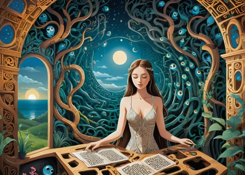 sci fiction illustration,sorceress,fantasy art,the enchantress,fantasy portrait,tarot cards,fantasy picture,tarot,priestess,fantasy woman,divination,game illustration,book illustration,magic book,fortune teller,secret garden of venus,librarian,faerie,magic grimoire,fairytales,Unique,Design,Sticker