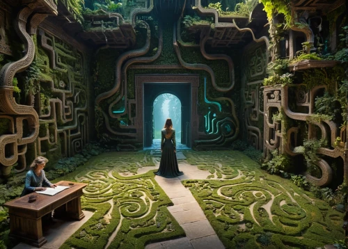 labyrinth,3d fantasy,maze,fairy village,fractal environment,dungeon,fantasy picture,hall of the fallen,elven forest,dandelion hall,fairy door,druid grove,enchanted forest,world digital painting,the mystical path,adventure game,tunnel of plants,cartoon video game background,green garden,witch's house,Photography,General,Fantasy
