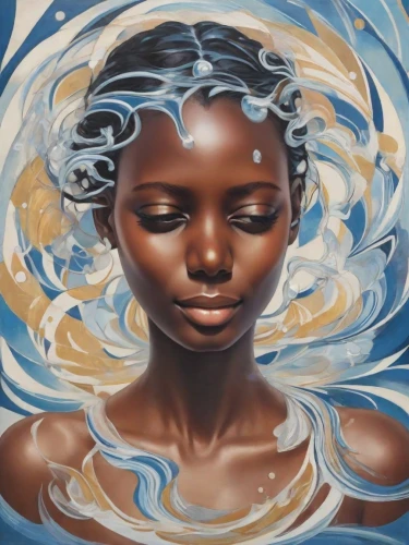 oil painting on canvas,oil on canvas,african art,oil painting,aquarius,mother earth,african woman,mystical portrait of a girl,flowing water,water nymph,african american woman,water flow,fluid flow,meticulous painting,woman thinking,water lotus,surface tension,ripples,fluid,water waves,Digital Art,Poster