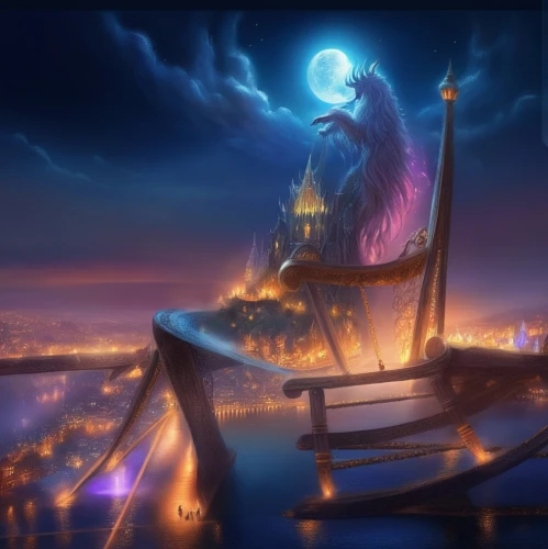 fantasy picture,aladdin,fantasia,light of night,fantasy art,angel playing the harp,dreamland,fantasy world,dream world,harp of falcon eastern,moonlit night,world digital painting,queen of the night,antasy,3d fantasy,fantasy landscape,constellation lyre,harp player,fantasy city,night scene,Illustration,Realistic Fantasy,Realistic Fantasy 01