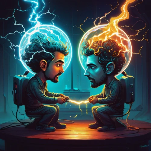 sci fiction illustration,electric,gemini,electrified,electricity,electron,game illustration,electrical,tesla,connection,cg artwork,voltage,electrical energy,brainstorm,exchange of ideas,electric power,connections,electrics,electric arc,water connection,Conceptual Art,Fantasy,Fantasy 21