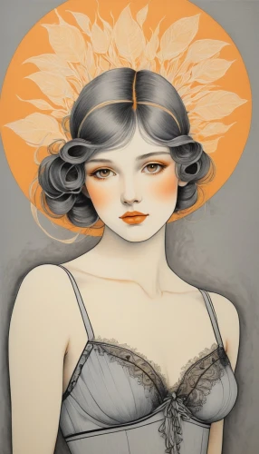 art deco woman,fashion illustration,orange blossom,vintage woman,tiger lily,orange rose,headdress,flapper,yellow sun hat,marigold,vintage drawing,vintage girl,decorative figure,vintage women,painted lady,watercolor pin up,art nouveau,boho art,girl in a wreath,marguerite,Illustration,Retro,Retro 23