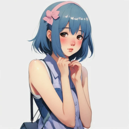 hinata,aqua,worried girl,himuto,piko,sakura florals,maya,anime girl,watercolor blue,holding flowers,fiori,blushing,flower crown,blue petals,overalls,a girl in a dress,soft pastel,summer clothing,azusa nakano k-on,yuzu,Conceptual Art,Oil color,Oil Color 02