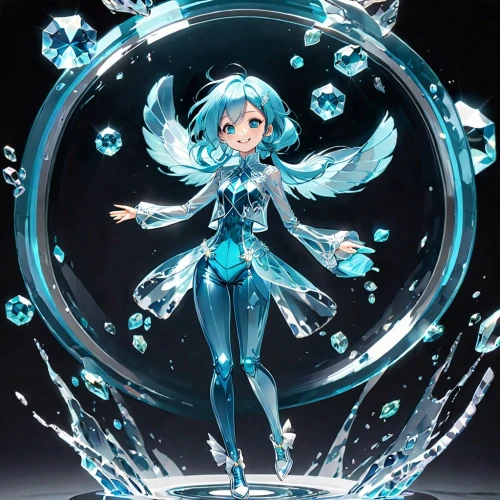 aqua,ice queen,umiuchiwa,hatsune miku,water-the sword lily,water flower,water rose,ice crystal,ice,glass sphere,water nymph,icemaker,lensball,white heart,crystal,diamond background,winterblueher,aquarius,water lotus,chrystal,Anime,Anime,General