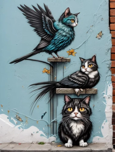cats on brick wall,magpie cat,streetart,urban street art,cat sparrow,street art,brooklyn street art,street artists,two pigeons,urban art,alley cat,street pigeons,pair of pigeons,graffiti art,two cats,street cat,feral pigeons,a couple of pigeons,cat european,whimsical animals