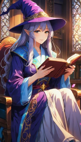 scholar,reading,patchouli,witch ban,bookworm,witch's hat icon,magus,relaxing reading,merlin,read a book,mage,librarian,wizard,witch,magic grimoire,reading glasses,girl studying,alibaba,witch's hat,magic book,Illustration,Japanese style,Japanese Style 03