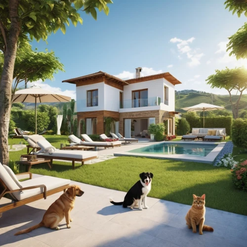 holiday villa,provencal life,cat greece,home landscape,idyllic,luxury property,3d rendering,beautiful home,villa,holiday home,houses clipart,roof landscape,render,pool house,private house,the balearics,family home,summer cottage,luxury home,mediterranean,Photography,General,Realistic
