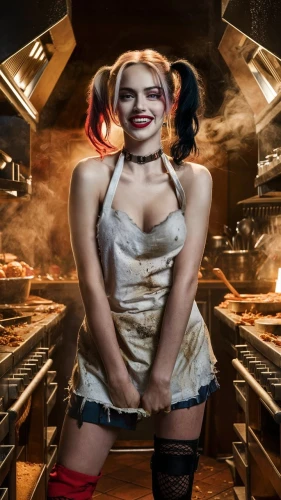 waitress,girl in the kitchen,harley quinn,barista,chef,hot pie,rotisserie,harley,red cooking,hostess,pizza supplier,cigarette girl,retro diner,cooking book cover,pizza service,pancetta,vada,kitchen fire,oven,baked alaska