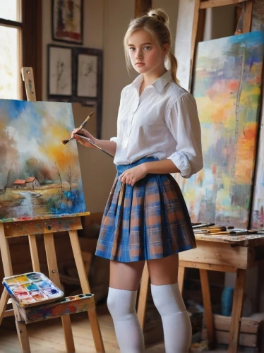 school skirt,painting technique,girl studying,art academy,schoolgirl,painter,art painting,girl drawing,painting,painter doll,art model,school uniform,meticulous painting,lily-rose melody depp,pencil skirt,in a studio,portrait of a girl,italian painter,girl in a historic way,photo painting,Photography,Black and white photography,Black and White Photography 02