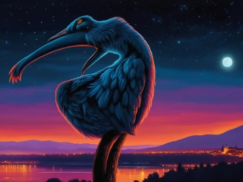 nocturnal bird,pelican,night bird,tyto longimembris,pterosaur,brown pelican,stork,dusk background,constellation swan,marabou stork,crane-like bird,bird painting,bird illustration,black stork,flamingo,dalmatian pelican,great blue heron,black-billed stork,flightless bird,heron,Illustration,Realistic Fantasy,Realistic Fantasy 25