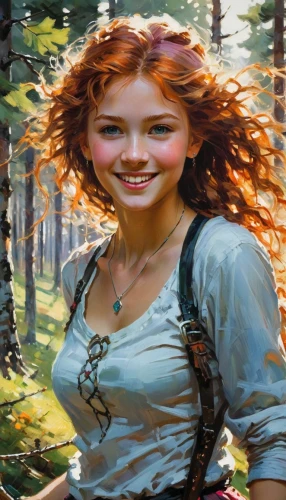 merida,fae,young woman,redheads,girl with tree,painting technique,lori,fantasy portrait,red-haired,fantasy picture,girl in the garden,girl on the river,the girl's face,farmer in the woods,cinnamon girl,oil painting,rapunzel,forest background,pam trees,dulcinea,Illustration,American Style,American Style 14