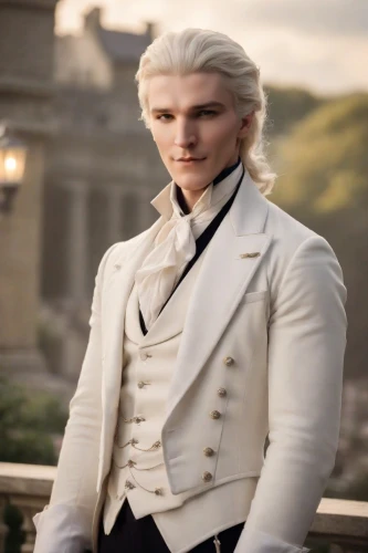 cullen skink,male elf,white rose snow queen,frock coat,male character,imperial coat,prince of wales,suit of the snow maiden,robert harbeck,prince of wales feathers,aristocrat,paine,white eagle,cravat,gentlemanly,eternal snow,jefferson,cosplay image,grindelwald,george washington,Photography,Cinematic