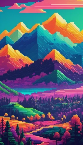 mountains,mountain sunrise,high mountains,autumn mountains,mountain,mountain landscape,mountain range,giant mountains,mountain world,valley,mountain valley,mountain view,pixel art,retro background,color fields,purple landscape,colorful background,mountain scene,snow mountains,moutains,Illustration,Vector,Vector 11