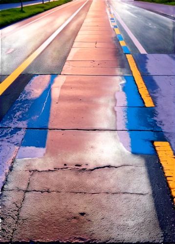 street chalk,road marking,road surface,pavement,crosswalk,lane grooves,bicycle lane,bus lane,bicycle path,paved,racing road,asphalt,yellow line,sidewalk,pedestrian crossing,paved square,lanes,crossroad,saturated colors,taxiway,Conceptual Art,Oil color,Oil Color 24