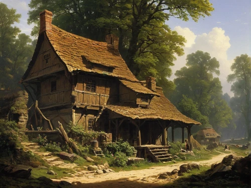 house in the forest,home landscape,traditional house,ancient house,fisherman's house,wooden house,witch's house,andreas achenbach,cottage,summer cottage,small house,little house,farmhouse,country cottage,house in mountains,wooden houses,old house,danish house,lonely house,log cabin,Art,Classical Oil Painting,Classical Oil Painting 10