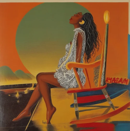 woman sitting,italian poster,vintage art,african woman,african art,beach chair,khokhloma painting,deckchair,woman with ice-cream,eritrea,deck chair,senegal,african american woman,girl on the boat,broncefigur,70s,girl sitting,indigenous painting,chaise,orientalism,Illustration,Realistic Fantasy,Realistic Fantasy 21