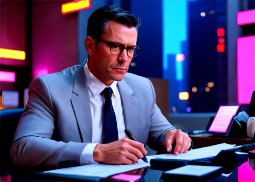 blur office background,neon human resources,analyze,newscaster,newsreader,night administrator,spy-glass,visual effect lighting,business man,spy visual,businessman,paperwork,digital compositing,spy,secretary,pink round frames,reading glasses,pink paper,pink tie,executive,Conceptual Art,Sci-Fi,Sci-Fi 26