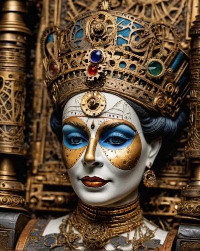 venetian mask,the carnival of venice,imperial crown,gold mask,golden mask,queen crown,cleopatra,miss circassian,kokoshnik,peking opera,royal crown,the czech crown,gold crown,brazilian monarchy,tutankhamun,swedish crown,bodypainting,queen cage,masquerade,emperor,Illustration,Realistic Fantasy,Realistic Fantasy 13