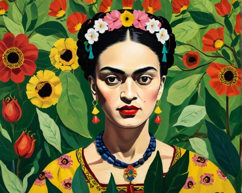 frida,flower painting,girl in flowers,rosa bonita,west indian jasmine,polynesian girl,adelita,flowers png,rockabella,digital painting,woman portrait,exotic flower,popart,flora,boho art,african woman,brazilianwoman,digital artwork,portrait of a woman,african american woman,Art,Artistic Painting,Artistic Painting 31