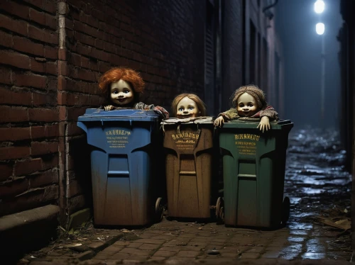 it,garbage cans,waste bins,trash cans,recycling world,clowns,trash land,porcelain dolls,bin,rag dolls,netherlands-belgium,halloween decoration,garbage collector,conceptual photography,halloween 2019,halloween2019,plastics,garbage lot,halloween and horror,halloween ghosts,Art,Classical Oil Painting,Classical Oil Painting 06