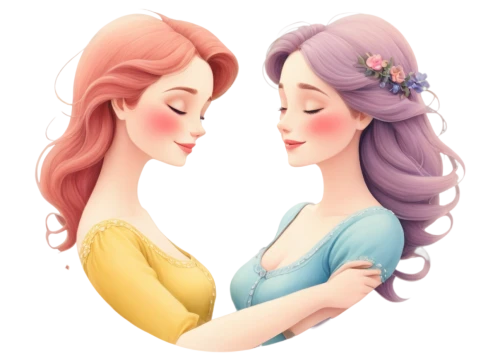 princesses,fairy tale icons,girl kiss,two girls,mermaid vectors,fairytale characters,gemini,young women,sisters,princess' earring,mother and daughter,heart clipart,amorous,fairies,women friends,two hearts,cute cartoon image,romantic portrait,vintage fairies,redheads,Illustration,American Style,American Style 02