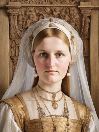 portrait of a girl,portrait of christi,girl in a historic way,the prophet mary,the angel with the veronica veil,mary 1,saint therese of lisieux,angel moroni,bridal,mother of the bride,child portrait,cepora judith,joan of arc,gothic portrait,blonde in wedding dress,aubrietien,mary-gold,young lady,female doll,first communion,Digital Art,Classicism