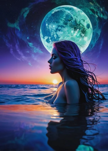 mermaid background,submerged,purple moon,fantasy picture,siren,believe in mermaids,blue moon,mermaid,sea night,blue moon rose,moonrise,immersed,moonlit night,celestial body,moonlight,ocean paradise,photo manipulation,photoshop manipulation,water nymph,ocean,Illustration,Black and White,Black and White 31