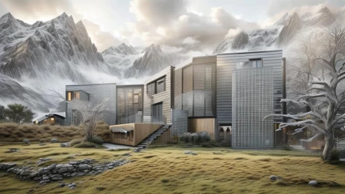 cube stilt houses,house in mountains,house in the mountains,cubic house,cube house,mountain huts,mountain hut,dunes house,3d rendering,the cabin in the mountains,mountain settlement,inverted cottage,modern house,elphi,eco-construction,eco hotel,3d fantasy,digital compositing,futuristic landscape,building valley