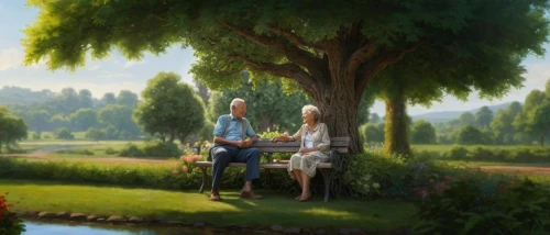 idyll,romantic scene,idyllic,old couple,studio ghibli,violet evergarden,landscape background,blue jasmine,summer evening,girl and boy outdoor,garden bench,beauty scene,summer day,romantic meeting,the girl next to the tree,picnic,grandparents,beautiful moment,olive grove,background image