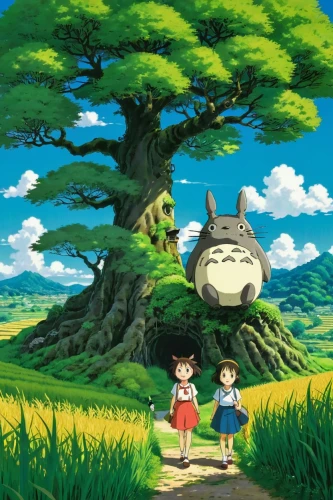 studio ghibli,my neighbor totoro,cartoon forest,bigtree,the japanese tree,big trees,children's background,ori-pei,mushroom island,wondertree,two oaks,magic tree,happy children playing in the forest,grass family,tree loc sesame,tree crown,tree grove,tree of life,pine family,a3 poster,Illustration,Japanese style,Japanese Style 12