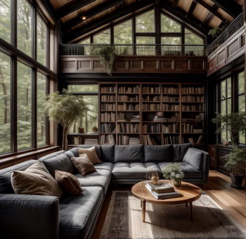 reading room,bookshelves,living room,the cabin in the mountains,livingroom,log home,wooden beams,beautiful home,book wall,log cabin,bookcase,sitting room,family room,loft,interior design,modern living room,great room,mid century modern,tree house hotel,cabin