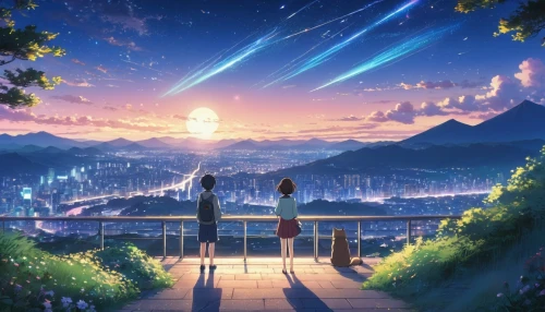 shooting star,violet evergarden,starry sky,falling stars,shooting stars,falling star,meteor,dream world,perseids,moon and star background,star sky,starlight,celestial phenomenon,meteor shower,tobacco the last starry sky,fireflies,clear night,travelers,the moon and the stars,stargazing,Illustration,Japanese style,Japanese Style 03