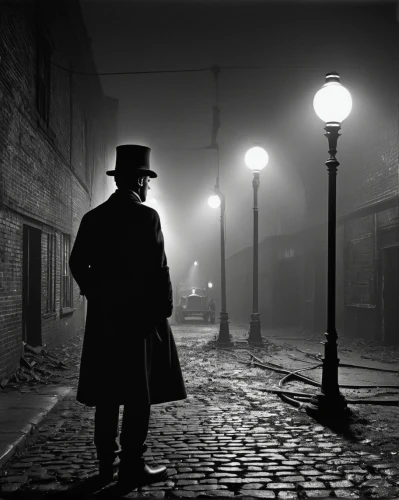 film noir,gas lamp,lamplighter,sherlock holmes,detective,black city,holmes,black hat,blind alley,bram stoker,old linden alley,stovepipe hat,blackandwhitephotography,iron street lamp,bowler hat,atmospheric,silent film,investigator,nocturnes,inspector,Photography,Black and white photography,Black and White Photography 11