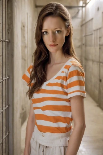prisoner,prison,horizontal stripes,detention,striped background,olallieberry,orange,clove,stripes,handcuffed,captivity,katniss,piper,cotton top,striped,lori,girl in overalls,tied up,liberty cotton,teen,Photography,Realistic