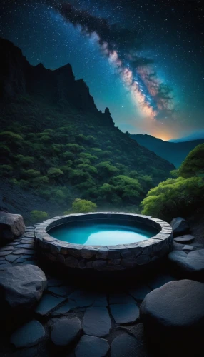 volcano pool,wishing well,infinity swimming pool,mountain spring,hot spring,crescent spring,futuristic landscape,crater lake,underground lake,thermal spring,whirlpool,stone sink,dug-out pool,cauldron,pool of water,fantasy landscape,alien world,water spring,fire bowl,hot tub,Illustration,Abstract Fantasy,Abstract Fantasy 19