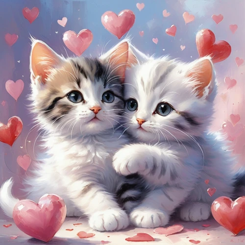 kittens,puffy hearts,sweethearts,cat lovers,cat love,cute animals,painted hearts,two hearts,heart clipart,cute cat,baby cats,cute cartoon image,two cats,a heart for animals,valentine clip art,valentine's day hearts,hearts,cute heart,sweeties,valentines day background,Conceptual Art,Oil color,Oil Color 03