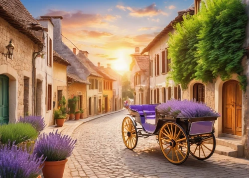 provence,medieval street,the cobbled streets,french digital background,wooden carriage,france,horse-drawn carriage,tuscan,flower cart,carriage,horse carriage,houses clipart,medieval town,cobblestone,cobblestones,purple landscape,wall,horse drawn carriage,italy,puglia,Illustration,Japanese style,Japanese Style 19