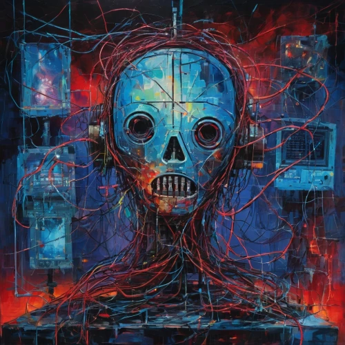 terminator,endoskeleton,cyber,cyberpunk,cyborg,death's-head,cybernetics,electro,jigsaw,autopsy,pinball,skull allover,primitive man,wiring,human skull,death head,cyberspace,death's head,skull bones,skulls,Conceptual Art,Oil color,Oil Color 20