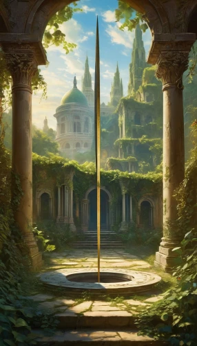 violet evergarden,hall of the fallen,pillars,artemis temple,fantasy landscape,ancient city,necropolis,place of pilgrimage,orchestral,backgrounds,pilgrimage,fantasia,dandelion hall,meteora,pillar,ruins,the threshold of the house,the ruins of the,mausoleum ruins,vittoriano,Conceptual Art,Fantasy,Fantasy 05