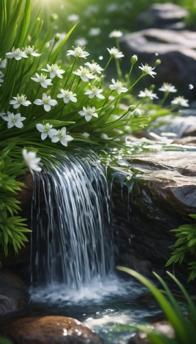 lilies of the valley,mountain spring,a small waterfall,lilly of the valley,flower water,flowing water,lily of the valley,water flower,green waterfall,mountain stream,pond flower,flowing creek,water plants,cascading,avalanche lily,lily water,water flowing,waterfall,spring background,water-the sword lily,Conceptual Art,Fantasy,Fantasy 03