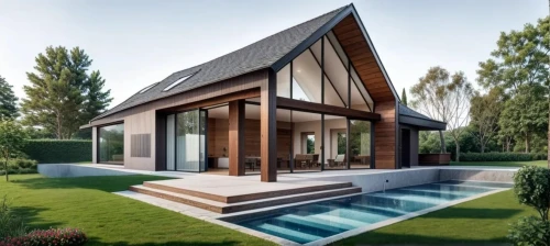 pool house,timber house,wooden house,modern house,folding roof,wooden decking,grass roof,house shape,summer house,roof landscape,inverted cottage,3d rendering,wooden roof,modern architecture,wooden sauna,turf roof,luxury property,house roof,eco-construction,residential house