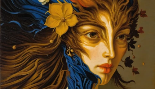 golden flowers,gold leaf,oil painting on canvas,gold foil art,dryad,gold paint stroke,golden wreath,gold paint strokes,gold yellow rose,girl in a wreath,oil painting,girl in flowers,golden leaf,flora,gold leaves,flower painting,amano,mucha,yellow petals,gold flower,Art,Classical Oil Painting,Classical Oil Painting 07