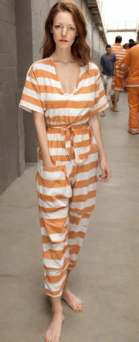 prisoner,prison,orange robes,auschwitz 1,in custody,horizontal stripes,shackles,orange,arbitrary confinement,woman walking,auschwitz,girl walking away,handcuffed,liberty cotton,vlc,girl in a long dress,captivity,pjs,concentration camp,one-piece garment,Photography,Realistic